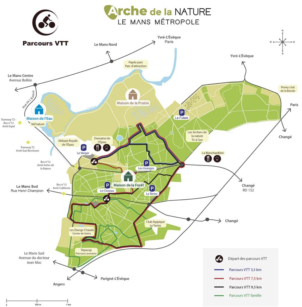 Carte des parcours VTT de l’Arche de la Nature, présentant différents itinéraires adaptés à tous les niveaux, du parcours famille aux circuits plus longs, pour votre balade en vélo au Mans.