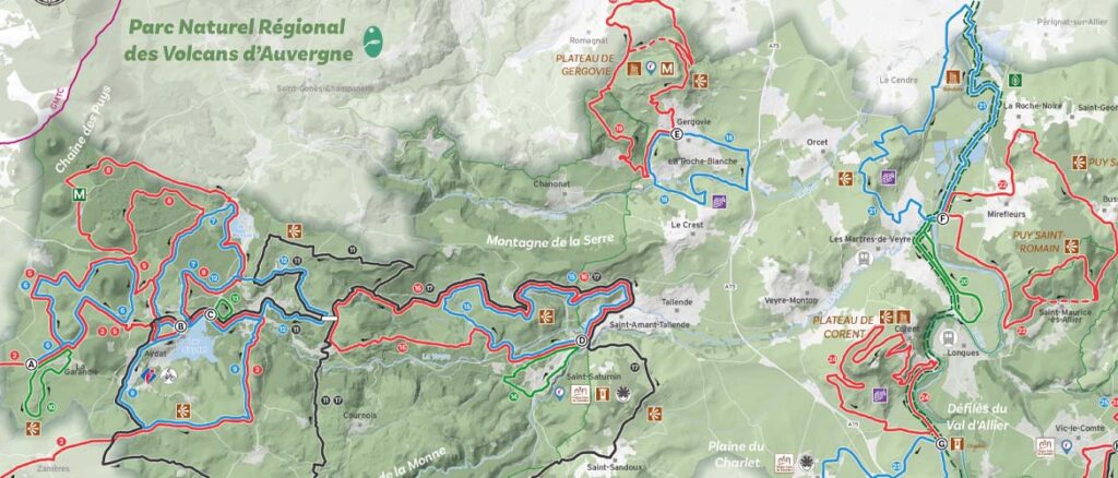 Carte des circuits VTT base des Volcans Parc Naturel Régional des Volcans d'Auvergne